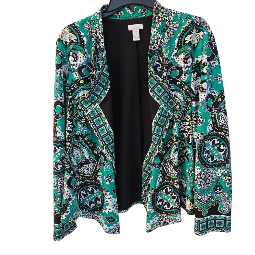 Chico's Size 3 Green Paisley Waterfall Open Front Jacket Preppy Career Womens 16